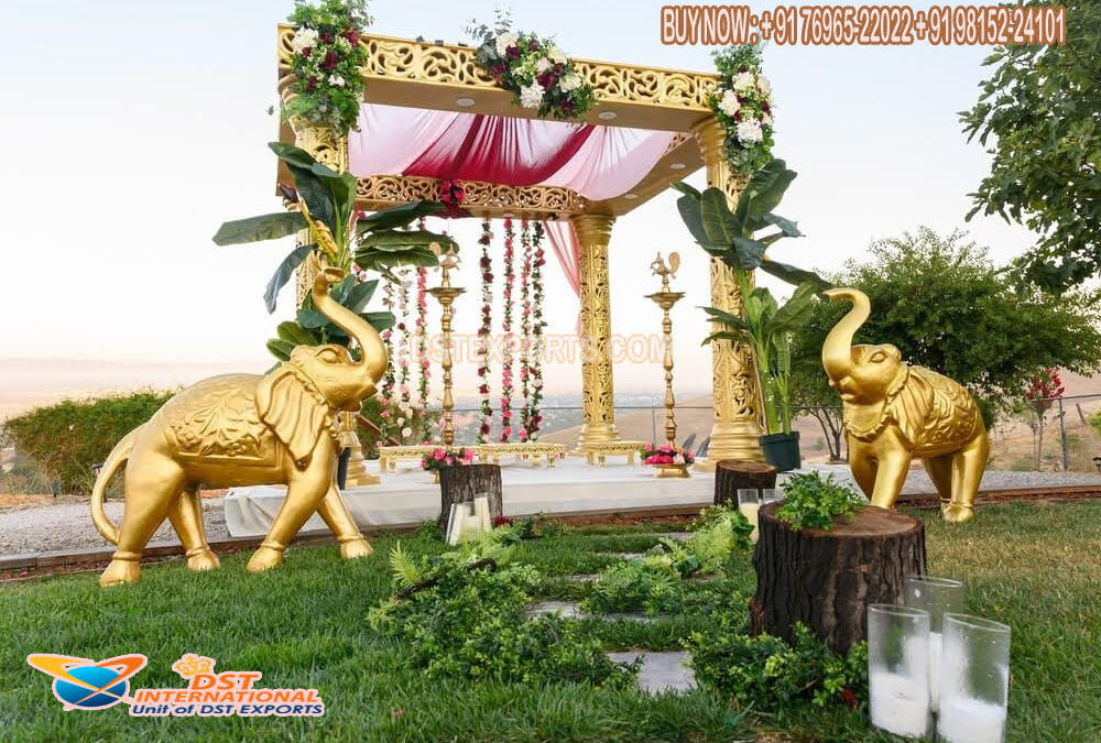 Outdoor Wedding Golden Carved Mandap Setup