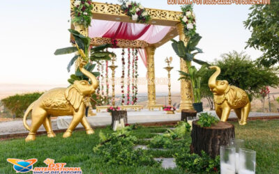 Outdoor Wedding Golden Carved Mandap Setup